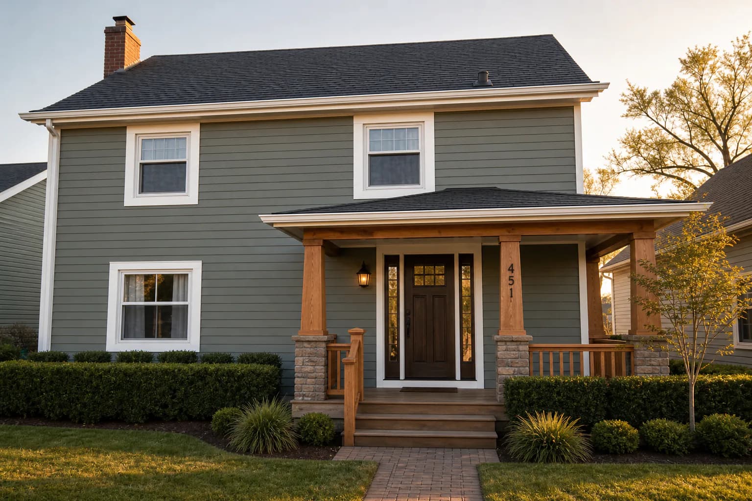Beautiful home exterior with landscaping and new siding