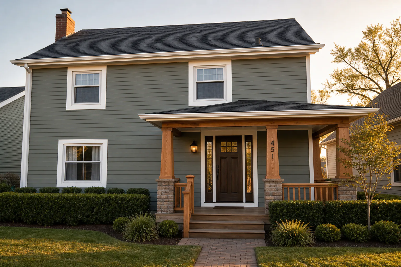 Beautiful home exterior with landscaping and new siding