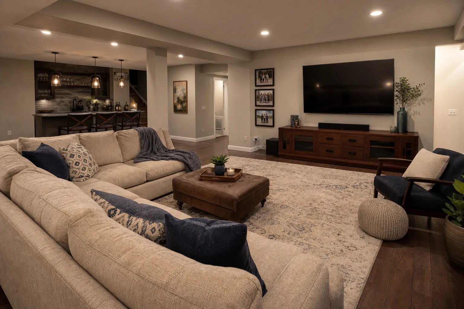 Finished basement living space with modern design